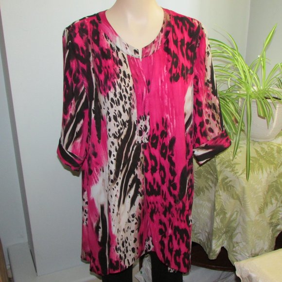 Zac & Rachel Long Loose Tunic Top Flowy Blouse Shirt Pink Black Top LG - Picture 12 of 13